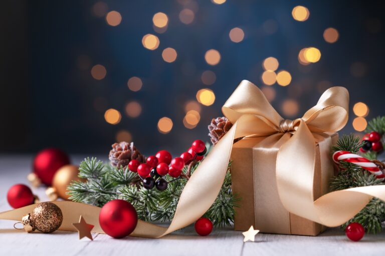 Christmas,Gift,Or,Present,Box,,Snowy,Fir,Tree,And,Holiday